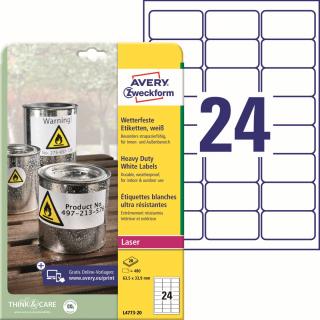 Odolné etikety | Avery Zweckform L4773-20 | 63,5x33,9 mm, 20xA4, 480 ks, bílá