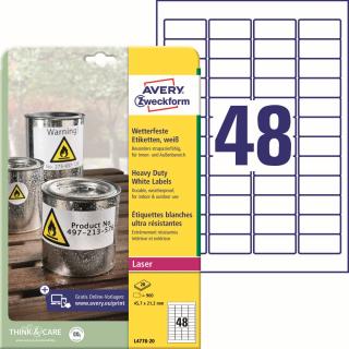 Odolné etikety | Avery Zweckform L4778-20 | 45,7x21,2 mm, 20xA4, 960 ks, bílá