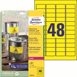 Odolné etikety | Avery Zweckform L6103-20 | 45,7x21,2 mm, 20xA4, 960 ks, žlutá
