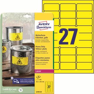Odolné etikety | Avery Zweckform L6105-20 | 63,5x29,6 mm, 20xA4, 540 ks, žlutá