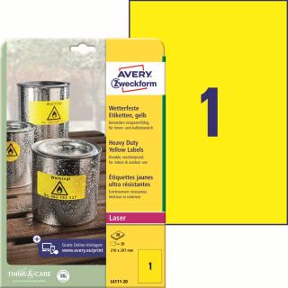 Odolné etikety | Avery Zweckform L6111-20 | 210x297 mm, 20xA4, 20 ks, žlutá