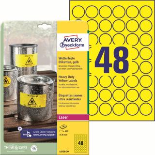 Odolné etikety | Avery Zweckform L6128-20 | Ø 30 mm, 20xA4, 960 ks, žlutá