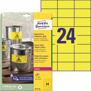 Odolné etikety | Avery Zweckform L6131-20 | 70x37 mm, 20xA4, 480 ks, žlutá