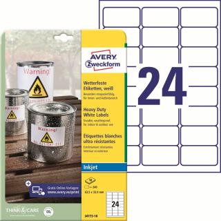Odolné etikety pro Inkjet | Avery Zweckform J4773-10 | 63,5x33,9 mm, 10xA4, 240 ks, bílá