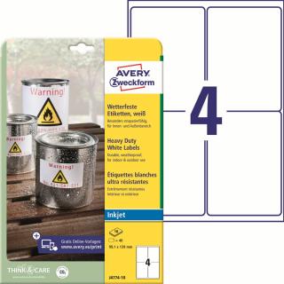 Odolné etikety pro Inkjet Avery Zweckform J4774-10 | 99,1x139 mm, 10xA4, 40 ks, bílá