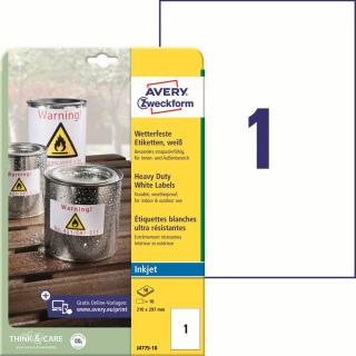 Odolné etikety pro Inkjet | Avery Zweckform J4775-10 | 210x297 mm, 10xA4, 10 ks, bílá