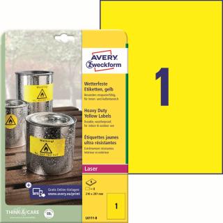 Odolné PET etikety | Avery Zweckform L6111-8 | 210x297 mm, 8xA4, 8 ks, žlutá