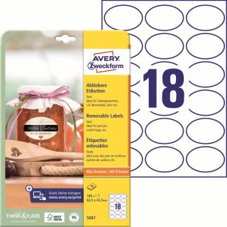 Oválné etikety | Avery Zweckform 5087 | 63,5x42,3 mm, 10xA4, 180 ks, bílá