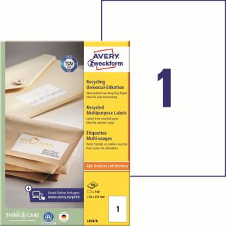 Recyklované etikety Avery Zweckform LR3478 | 210x297 mm, 100xA4, 100 ks, bílá