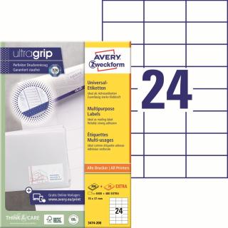 Samolepící etikety | Avery Zweckform 3474-200 | 70x37 mm, 220xA4, 5.280 ks, bílá