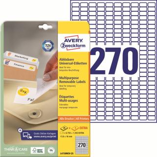Snímatelné etikety | Avery Zweckform L4730REV-25 | 17,8x10 mm, 30xA4, 8.100 ks, bílá