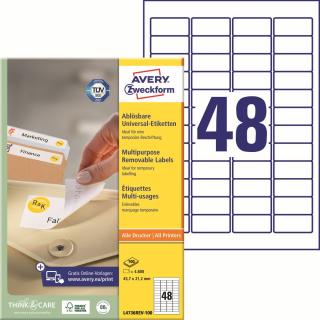 Snímatelné etikety | Avery Zweckform L4736REV-100 | 45,7x21,2mm, 100xA4, 4.800 ks, bílá