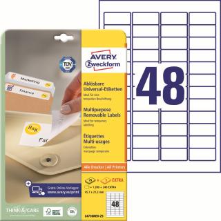 Snímatelné etikety | Avery Zweckform L4736REV-25 | 45,7x21,2 mm, 30xA4, 1.440 ks, bílá