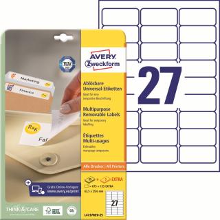 Snímatelné etikety | Avery Zweckform L4737REV-25 | 63,5x29,6 mm, 30xA4, 810 ks, bílá