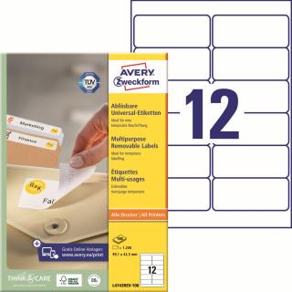 Snímatelné etikety | Avery Zweckform L4743REV-100 | 99,1x42,3 mm, 100xA4, 1.200 ks, bílá