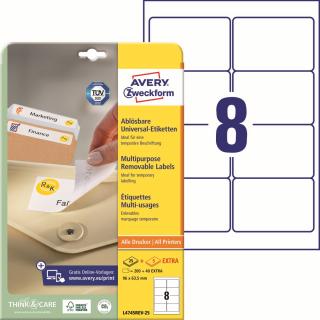 Snímatelné etikety | Avery Zweckform L4745REV-25 | 96x63,5 mm, 30xA4, 240 ks, bílá