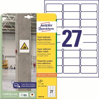 Super lepivé etikety | Avery Zweckform L7874-20 | 63,5x29,6 mm, 20xA4, 540 ks, bílá