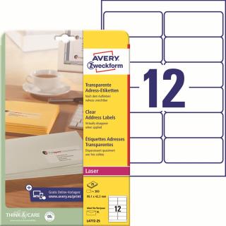 Transparentní etikety | Avery Zweckform L4772-25 | 99,1x42,3 mm, 25xA4, 300 ks, mléčná