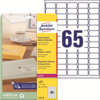 Transparentní etikety | Avery Zweckform L7551-25 | 38,1x21,2 mm, 25xA4, 1.625 ks, mléčná
