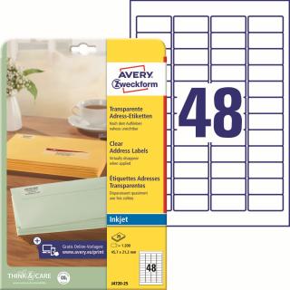 Transparentní etikety pro Inkjet | Avery Zweckform J4720-25 | 45,7x21,2 mm, 25xA4, 1.200 ks, mléčná