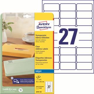 Transparentní etikety pro Inkjet | Avery Zweckform J4721-25 | 63,5x29,6 mm, 25xA4, 675 ks, mléčná