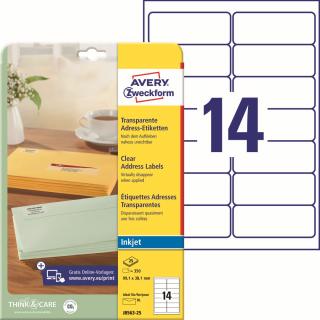 Transparentní etikety pro Inkjet | Avery Zweckform J8563-25 | 99,1x38,1 mm, 25xA4, 350 ks, mléčná