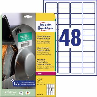 Ultra odolné etikety | Avery Zweckform L7911-10 | 45,7x21,2 mm, 10xA4, 480 ks, bílá