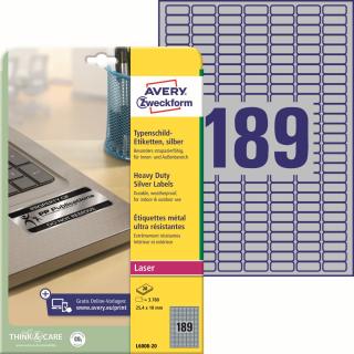 Velmi odolné etikety | Avery Zweckform L6008-20 | 25,4x10 mm, 20xA4, 3.780 ks, stříbrná