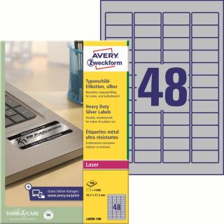 Velmi odolné etikety | Avery Zweckform L6009-100 | 45,7x21,2 mm, 100xA4, 4.800 ks, stříbrná