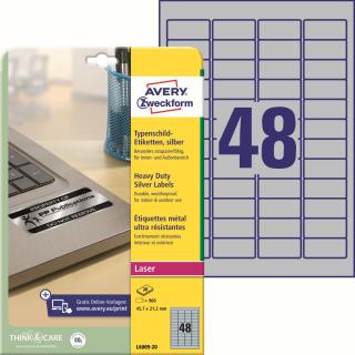 Velmi odolné etikety | Avery Zweckform L6009-20 | 45,7x21,2 mm, 20xA4, 960 ks, stříbrná