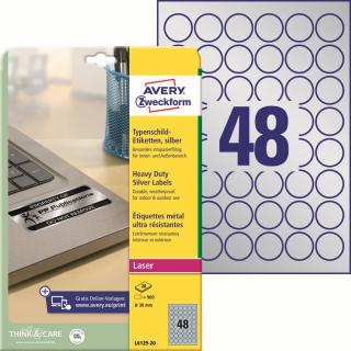Velmi odolné etikety | Avery Zweckform L6129-20 | Ø 30 mm, 20xA4, 960 ks, stříbrná