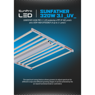 LED Sunpro SUNFATHER 320W - 3.1 µmol/J (Nové LED osvětlení Sunpro Sunfather 610W s regulací výkonu, 2-stupňový full spektrum a extra UV trubicí. Účinnost 3,1 µmol/J a světelný tok PPF až 992 µmol/s.)