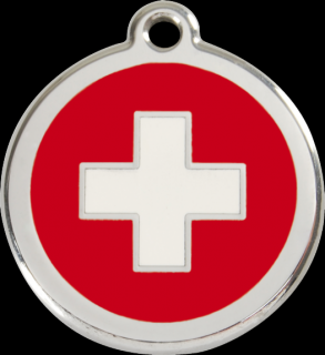 RED DINGO Známka s rytím Švýcarský kříž 37 mm 2 řádky textu