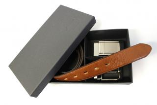 Luxusní set koženého  společenského opasku se 2 sponami koňakový  60035-020-22 a 4PS obvod pasu: 100cm