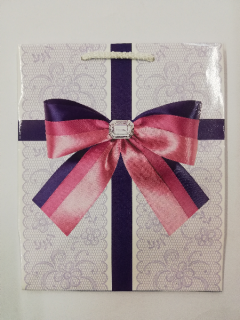 Dárková taška - 23 x 18,5 cm - Fialová/ růžová mašle
