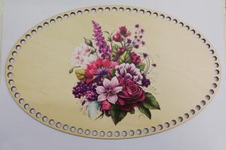 Dno na háčkované košíky  - překližka Fialové květy ovál  - 40 x 25 cm (skladem)