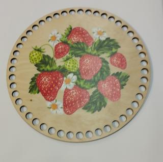 Dno/víko na háčkované košíky  - překližka kruh 10cm  - jahody (skladem)
