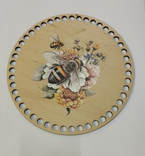 Dno/víko na háčkované košíky  - překližka kruh 10cm  - včelka (skladem)
