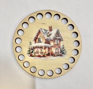 Dno/víko na háčkované košíky  - překližka kruh 20cm  - zimní dům (skladem)