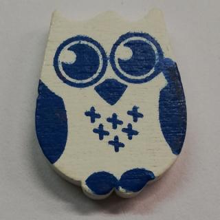 Dřevěné korálky sovička bílá s modrým - 19 x 25 mm