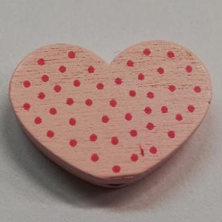Dřevěné korálky srdce s puntíky světle růžové - 25 x 18 mm
