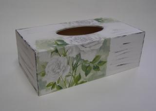 Krabička dřevěná na papírové kapesníky - Bílá růže