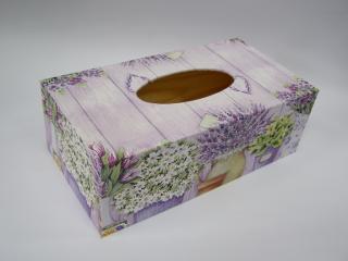 Krabička dřevěná na papírové kapesníky - Fialové květináče