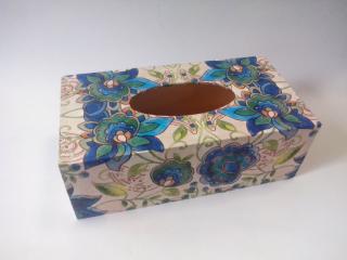 Krabička dřevěná na papírové kapesníky - Modré květy