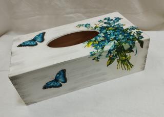 Krabička dřevěná na papírové kapesníky - Motýl a pomněnky