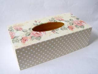 Krabička dřevěná na papírové kapesníky - Růže s puntíky