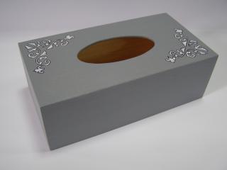 Krabička dřevěná na papírové kapesníky - šedá s ornamenty
