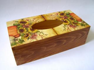 Krabička dřevěná na papírové kapesníky - Slunečnice s dýní