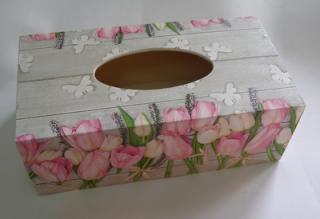 Krabička dřevěná na papírové kapesníky - Tulipán, levandule a motýlci