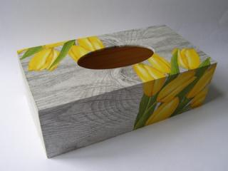 Krabička dřevěná na papírové kapesníky - Žluté tulipány